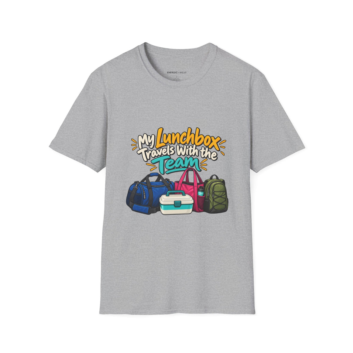 Graphic fitness T-shirt featuring the "My Lunchbox Travels With the Team" design.