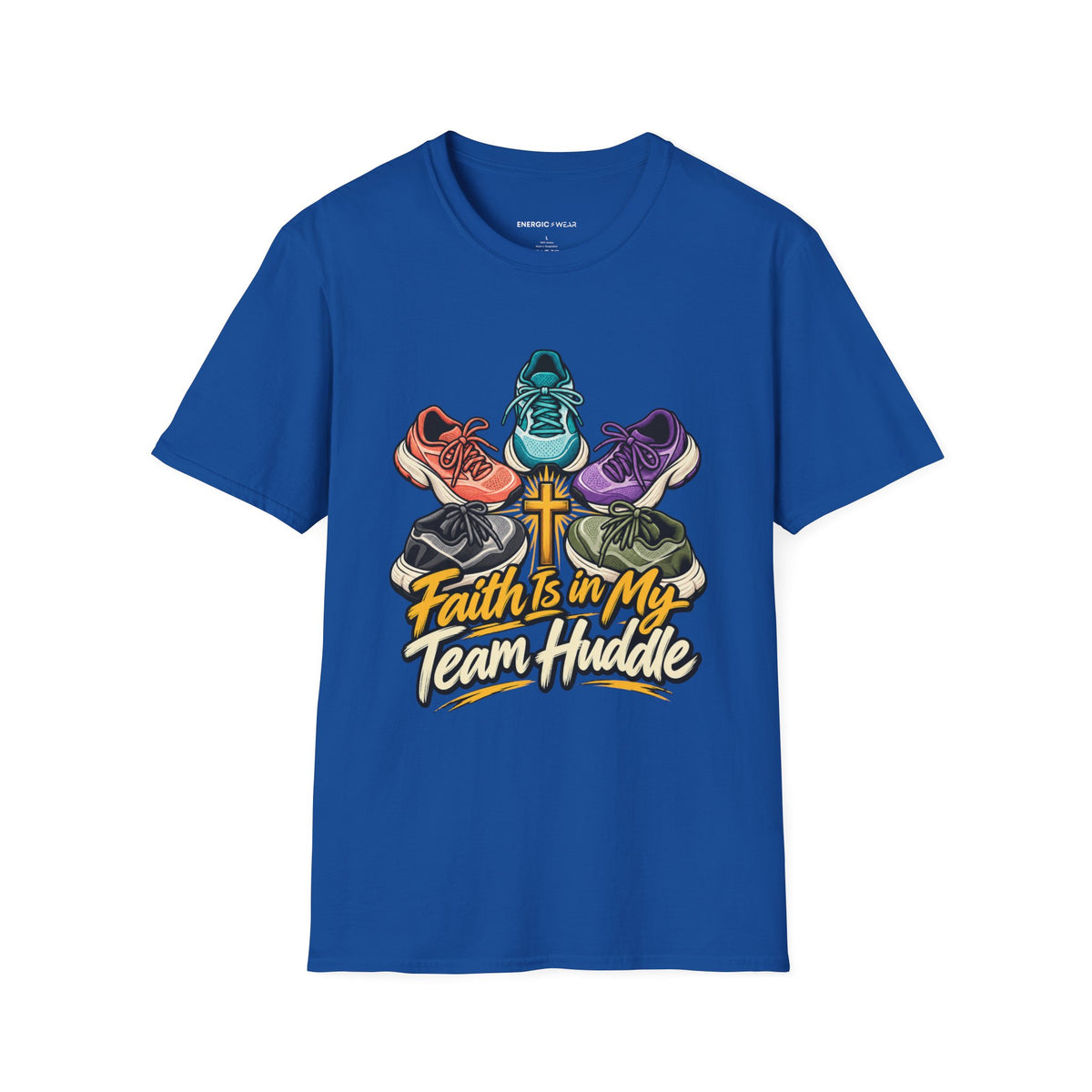 Graphic fitness T-shirt featuring the "Faith Is in My Team Huddle" design.