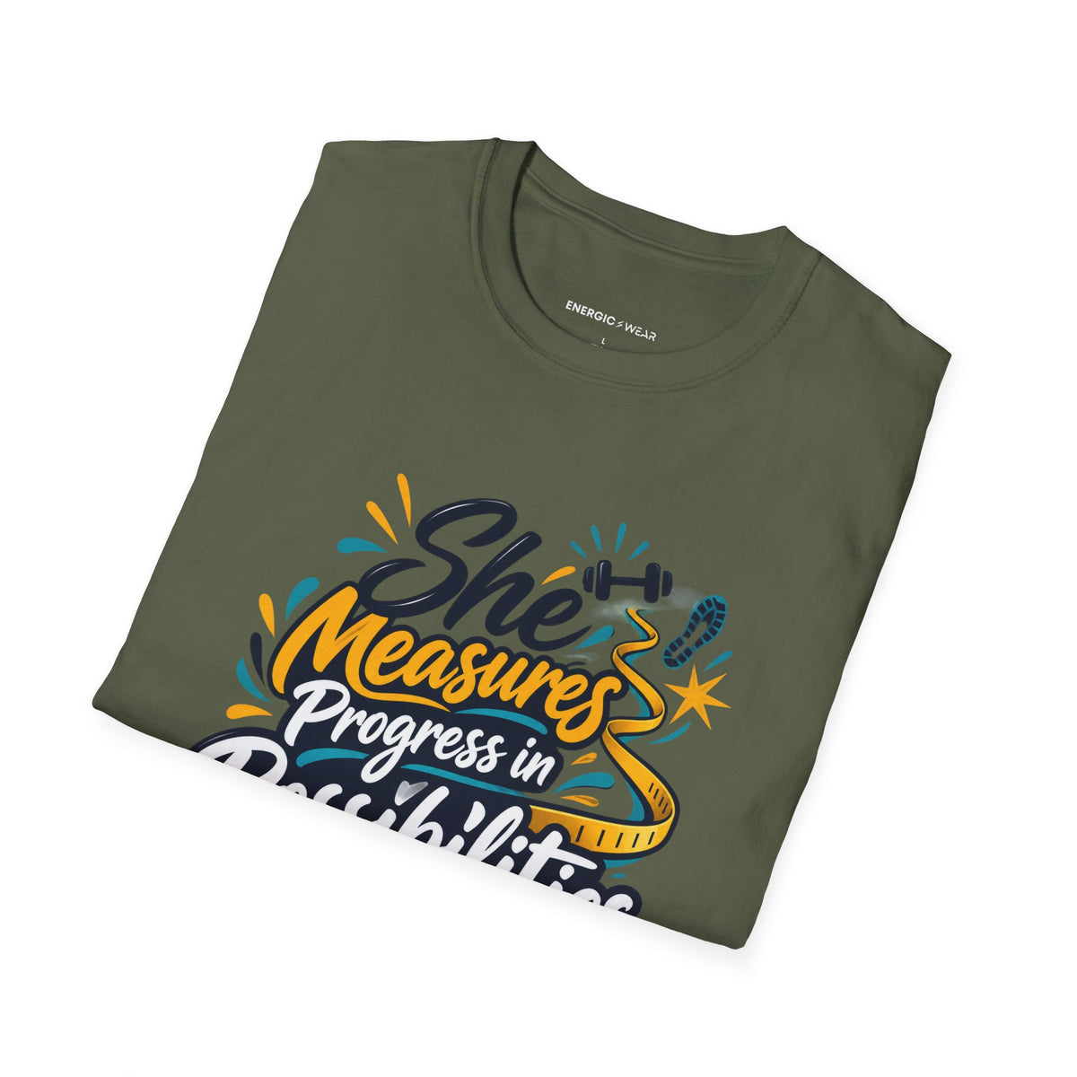 Graphic fitness T-shirt featuring the "She Measures Progress in Possibilities" design.