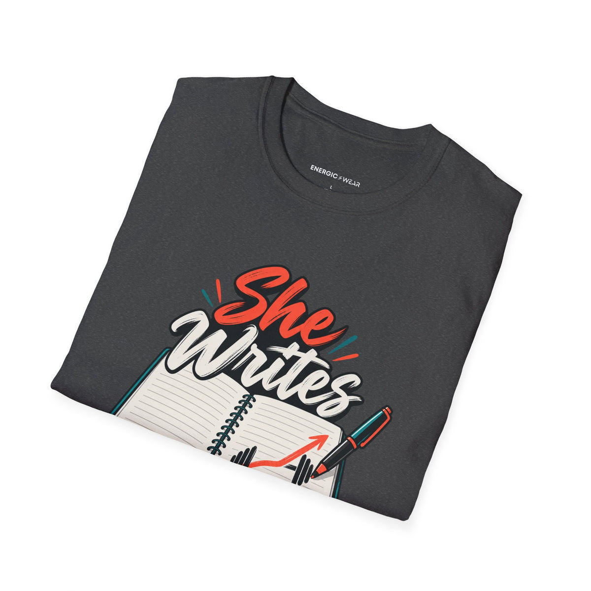 Graphic fitness T-shirt featuring the "She Writes Her Own Training Notes" design.