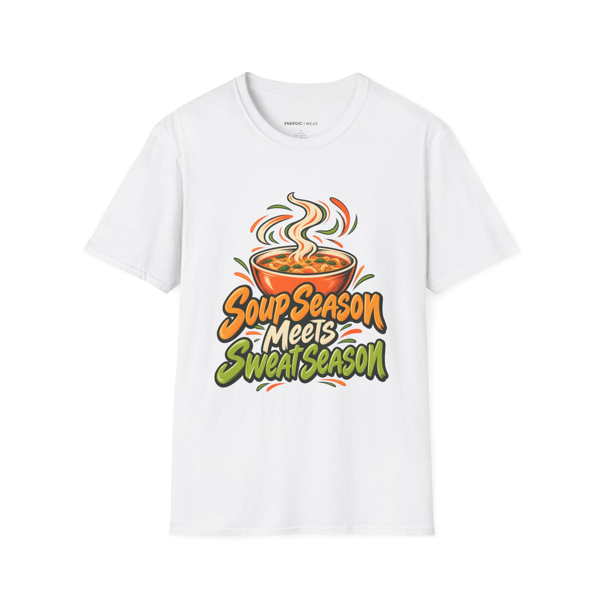 Graphic fitness T-shirt featuring the "Soup Season Meets Sweat Season" design.