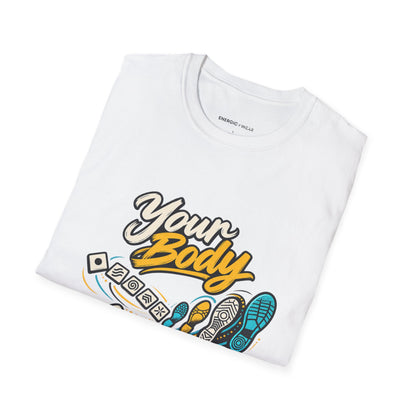 Graphic fitness T-shirt featuring the "Your Body Can Learn a New Language" design.