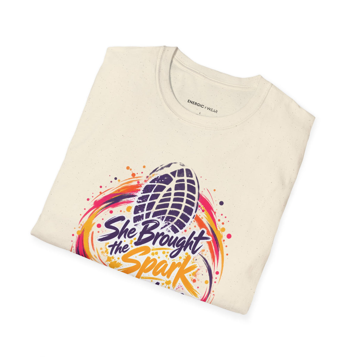 Graphic fitness T-shirt featuring the "She Brought the Spark to Class" design.