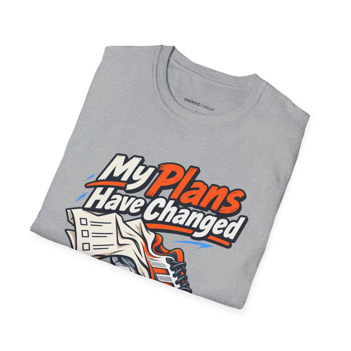 Graphic fitness T-shirt featuring the "My Plans Have Changed Into Training Shoes" design.