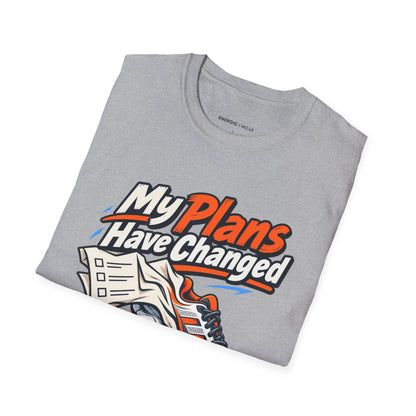 Graphic fitness T-shirt featuring the "My Plans Have Changed Into Training Shoes" design.