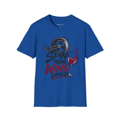 Graphic fitness T-shirt featuring the "Spin Now, Wine Later" design.