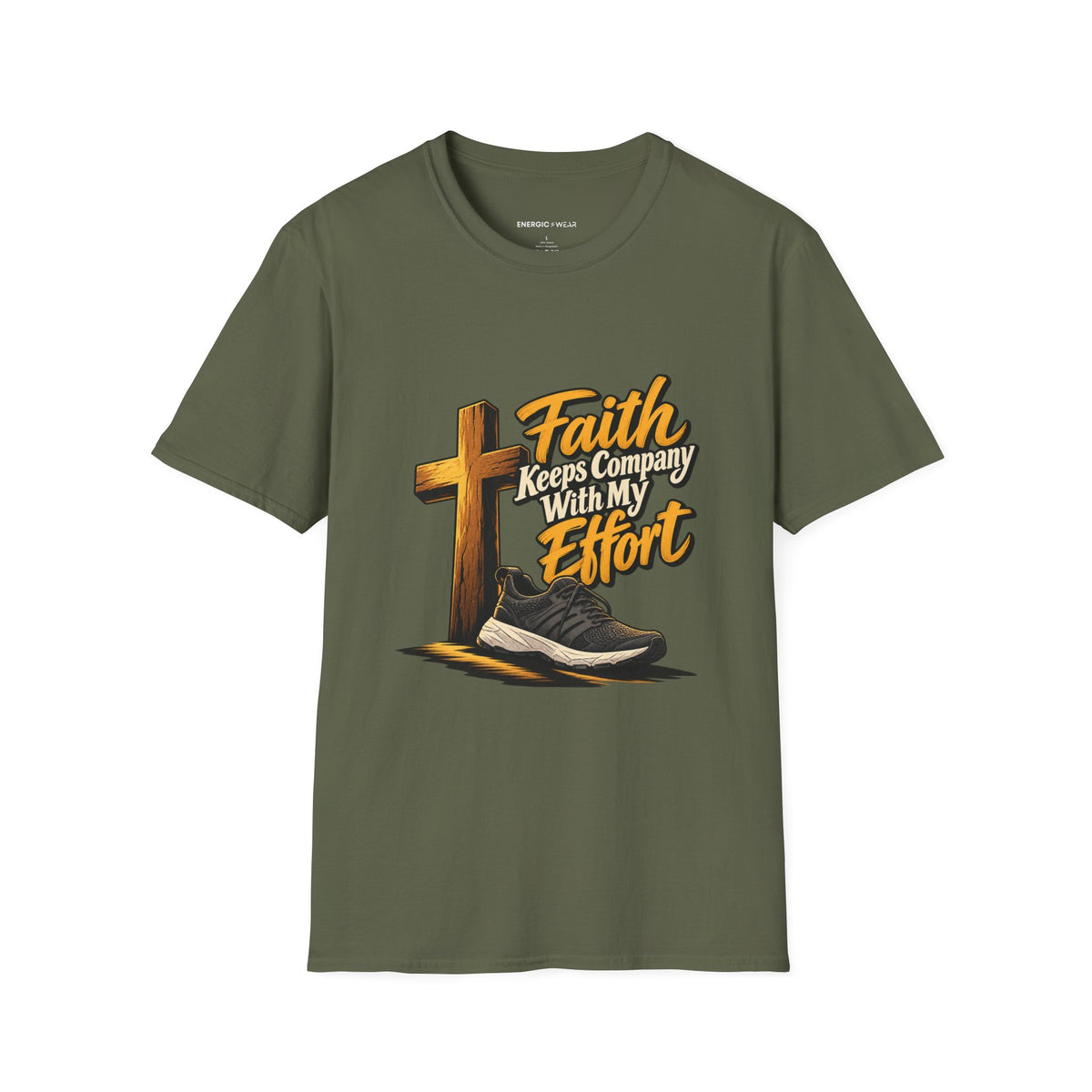 Graphic fitness T-shirt featuring the "Faith Keeps Company with My Effort" design.