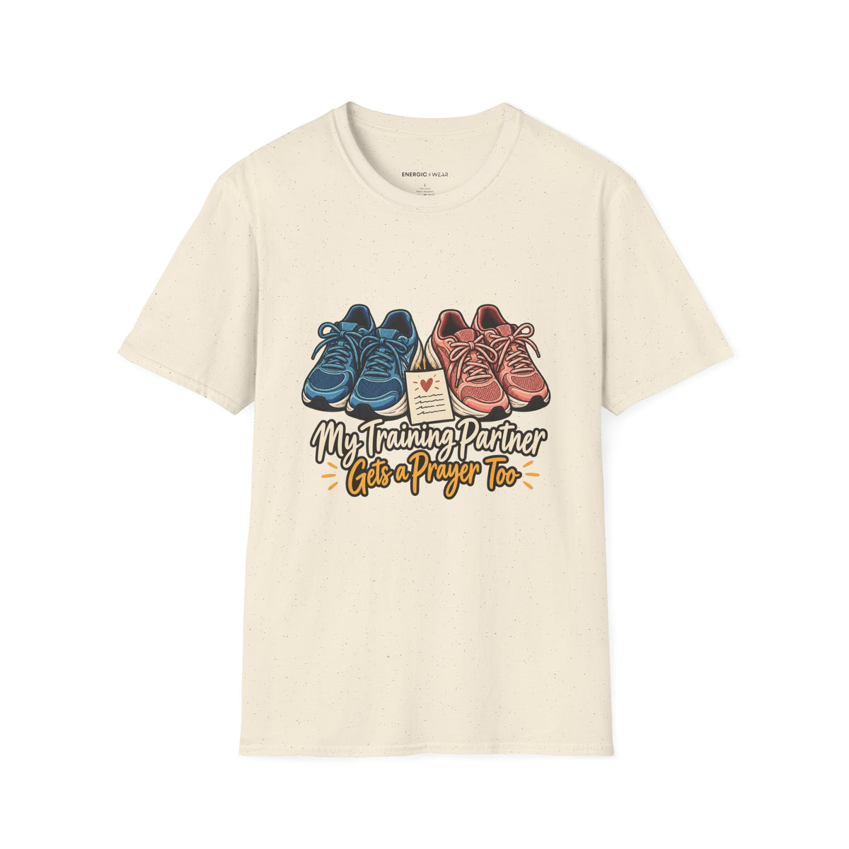 Graphic fitness T-shirt featuring the "My Training Partner Gets a Prayer Too" design.