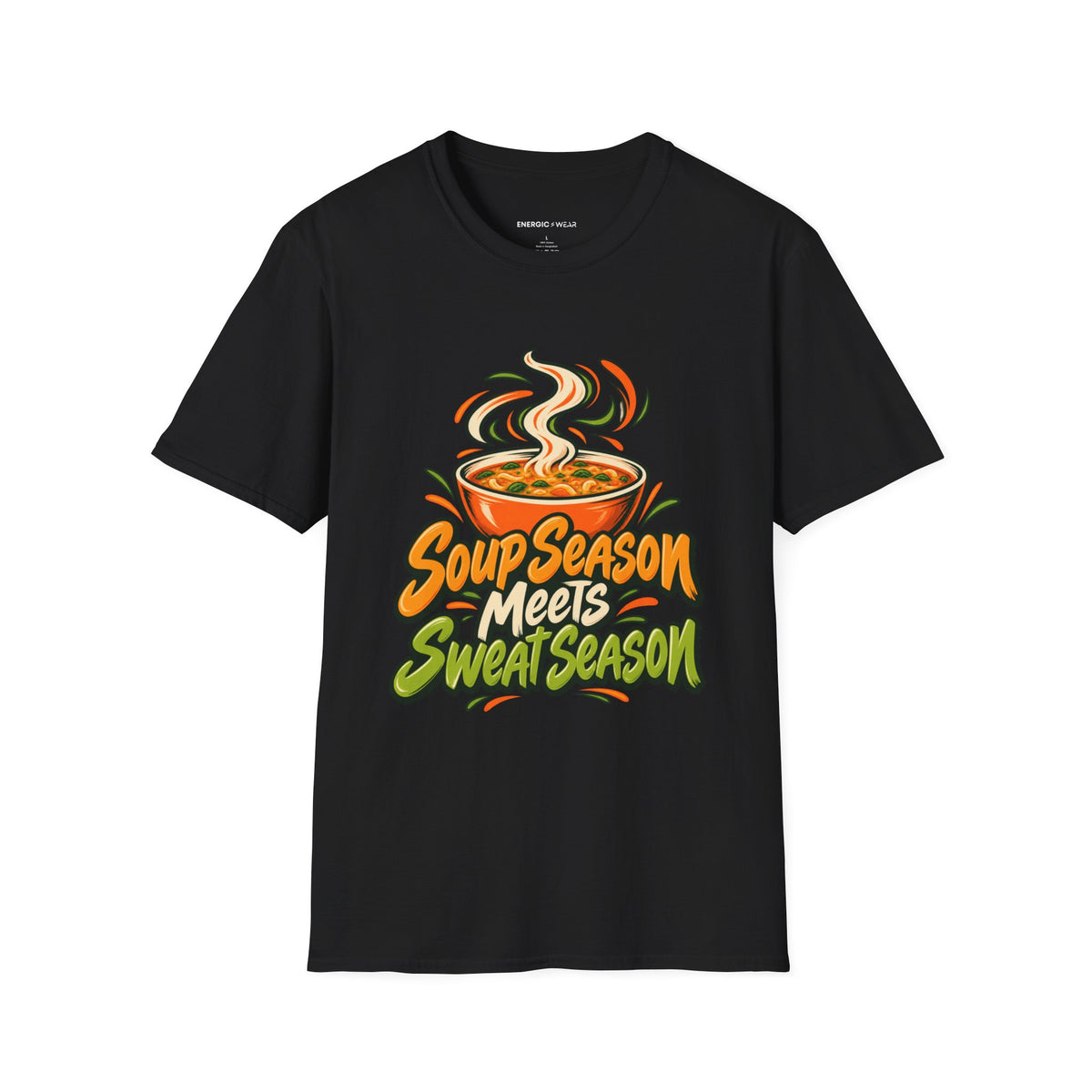 Graphic fitness T-shirt featuring the "Soup Season Meets Sweat Season" design.