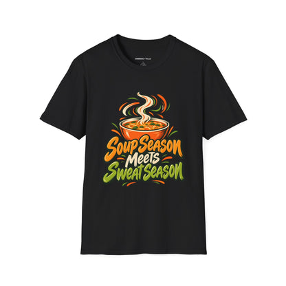 Graphic fitness T-shirt featuring the "Soup Season Meets Sweat Season" design.