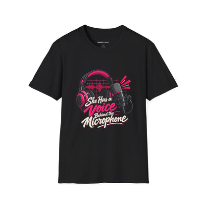 Graphic fitness T-shirt featuring the "She Has a Voice Behind the Microphone" design.