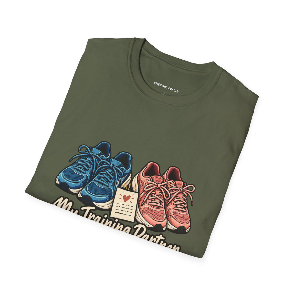 Graphic fitness T-shirt featuring the "My Training Partner Gets a Prayer Too" design.