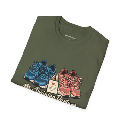 Graphic fitness T-shirt featuring the "My Training Partner Gets a Prayer Too" design.