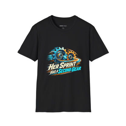 Graphic fitness T-shirt featuring the "Her Sprint Has a Second Gear" design.