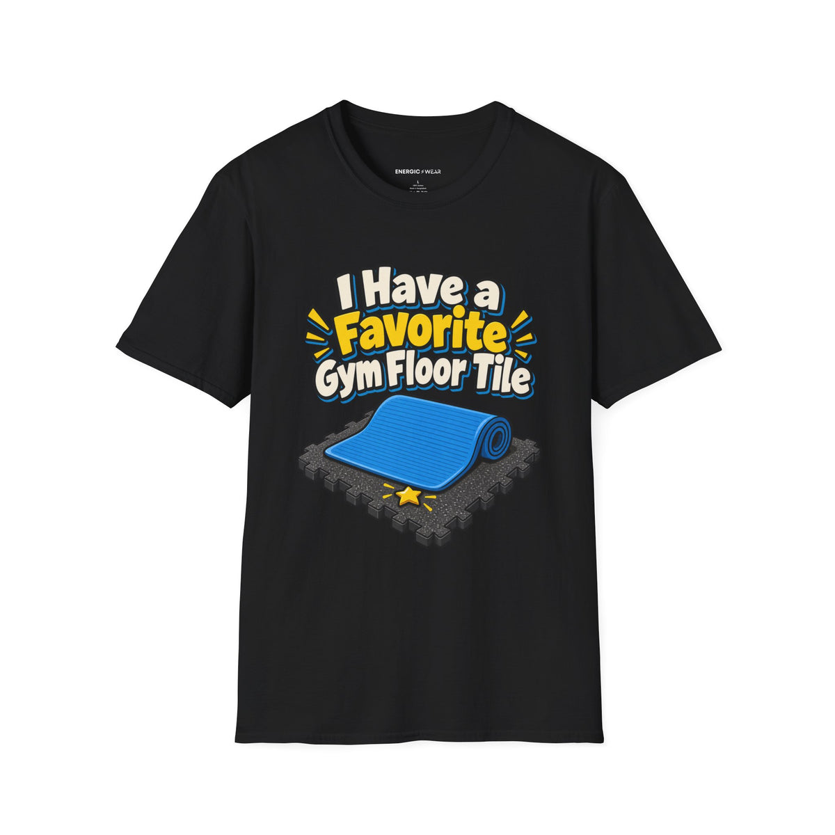 Graphic fitness T-shirt featuring the "I Have a Favorite Gym Floor Tile" design.