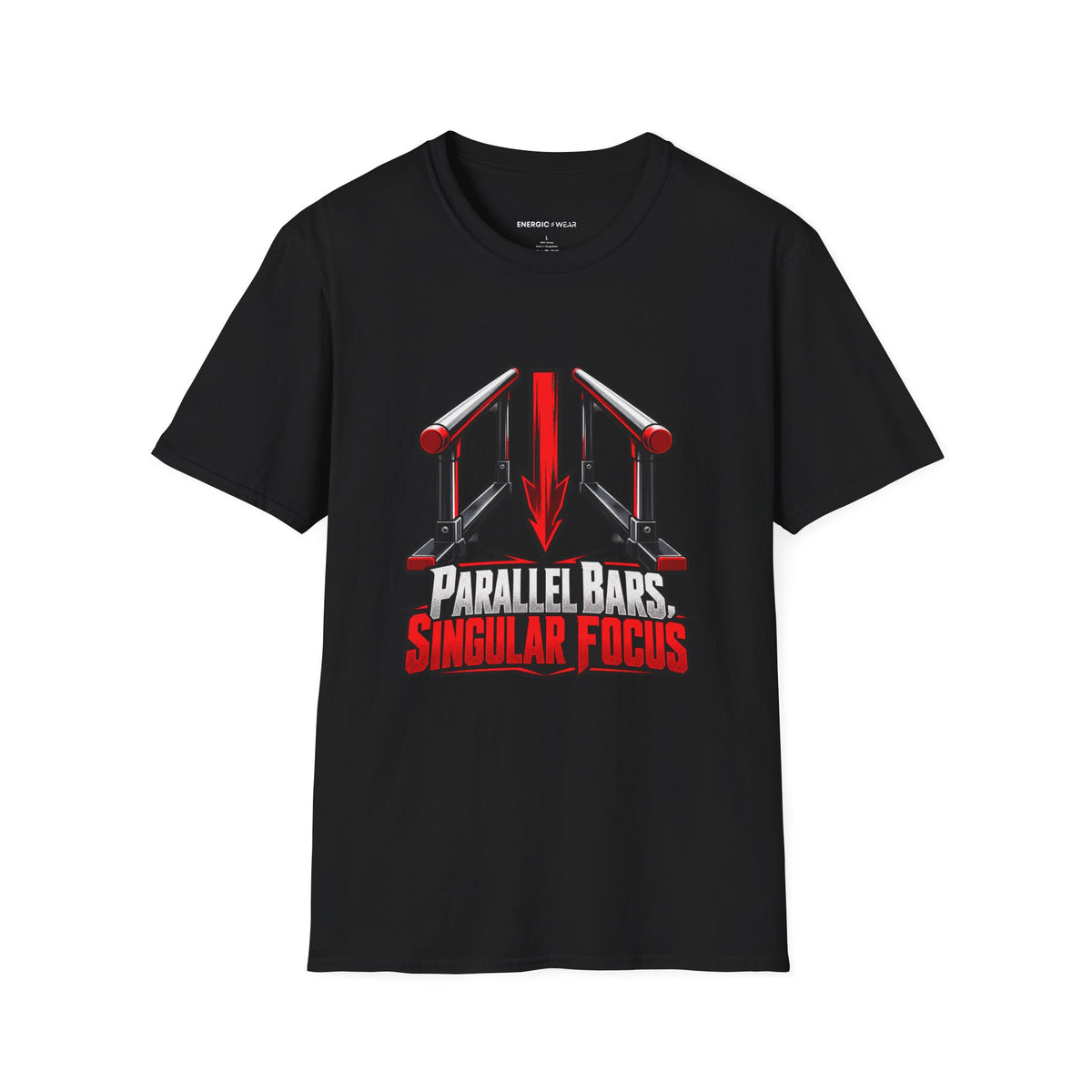 Graphic fitness T-shirt featuring the "Parallel Bars Singular Focus" design.