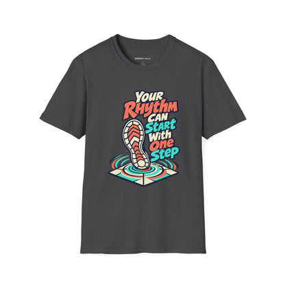 Graphic fitness T-shirt featuring the "Your Rhythm Can Start With One Step" design.