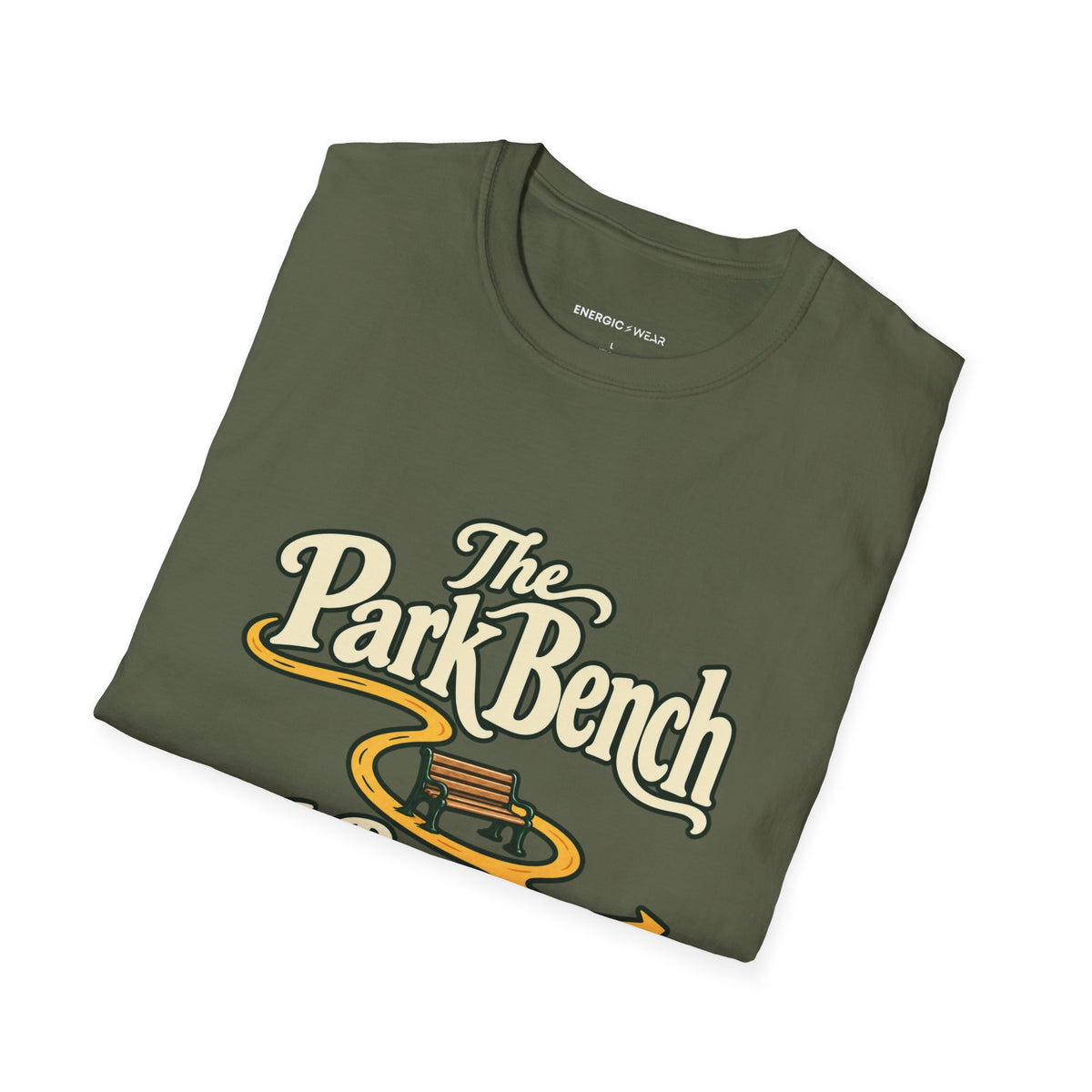 Graphic fitness T-shirt featuring the "The Park Bench Is Part of the Route" design.