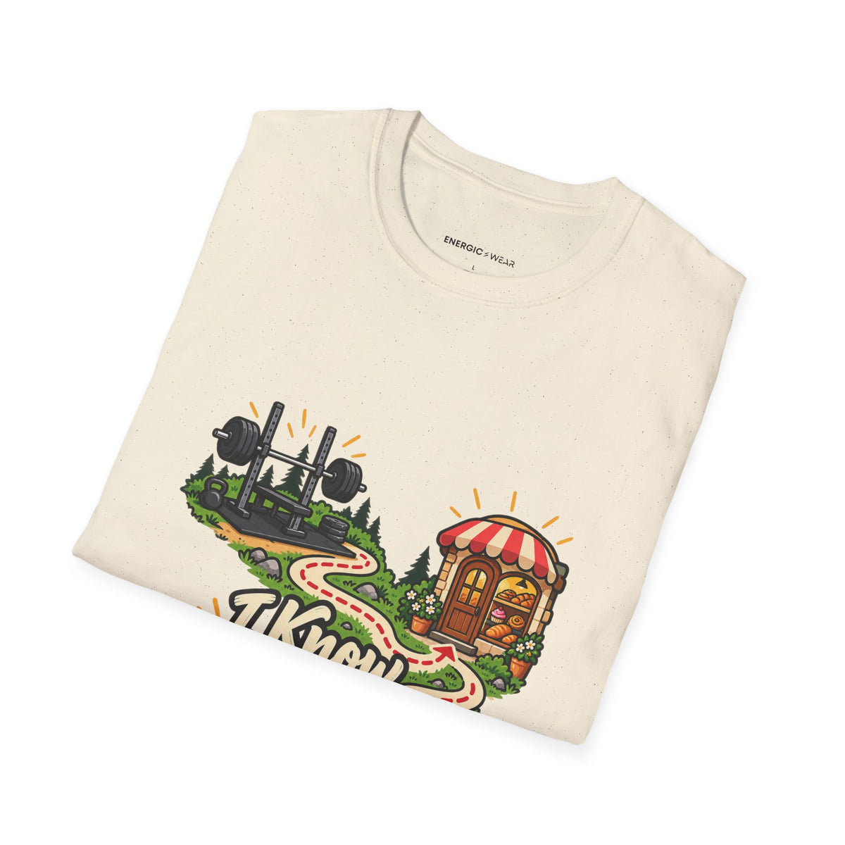 Graphic fitness T-shirt featuring the "I Know My Way Around a Bar and a Bakery" design.