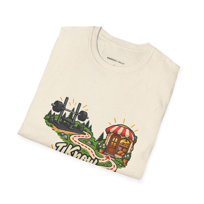 Graphic fitness T-shirt featuring the "I Know My Way Around a Bar and a Bakery" design.