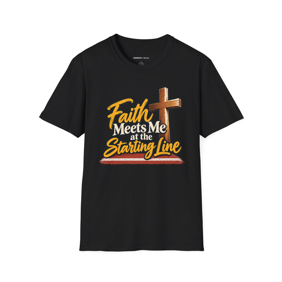 Graphic fitness T-shirt featuring the "Faith Meets Me at the Starting Line" design.
