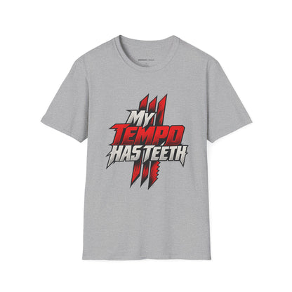 Graphic fitness T-shirt featuring the "My Tempo Has Teeth" design.