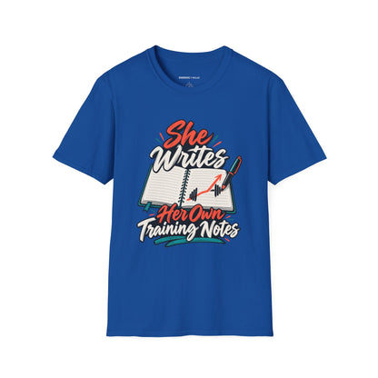Graphic fitness T-shirt featuring the "She Writes Her Own Training Notes" design.
