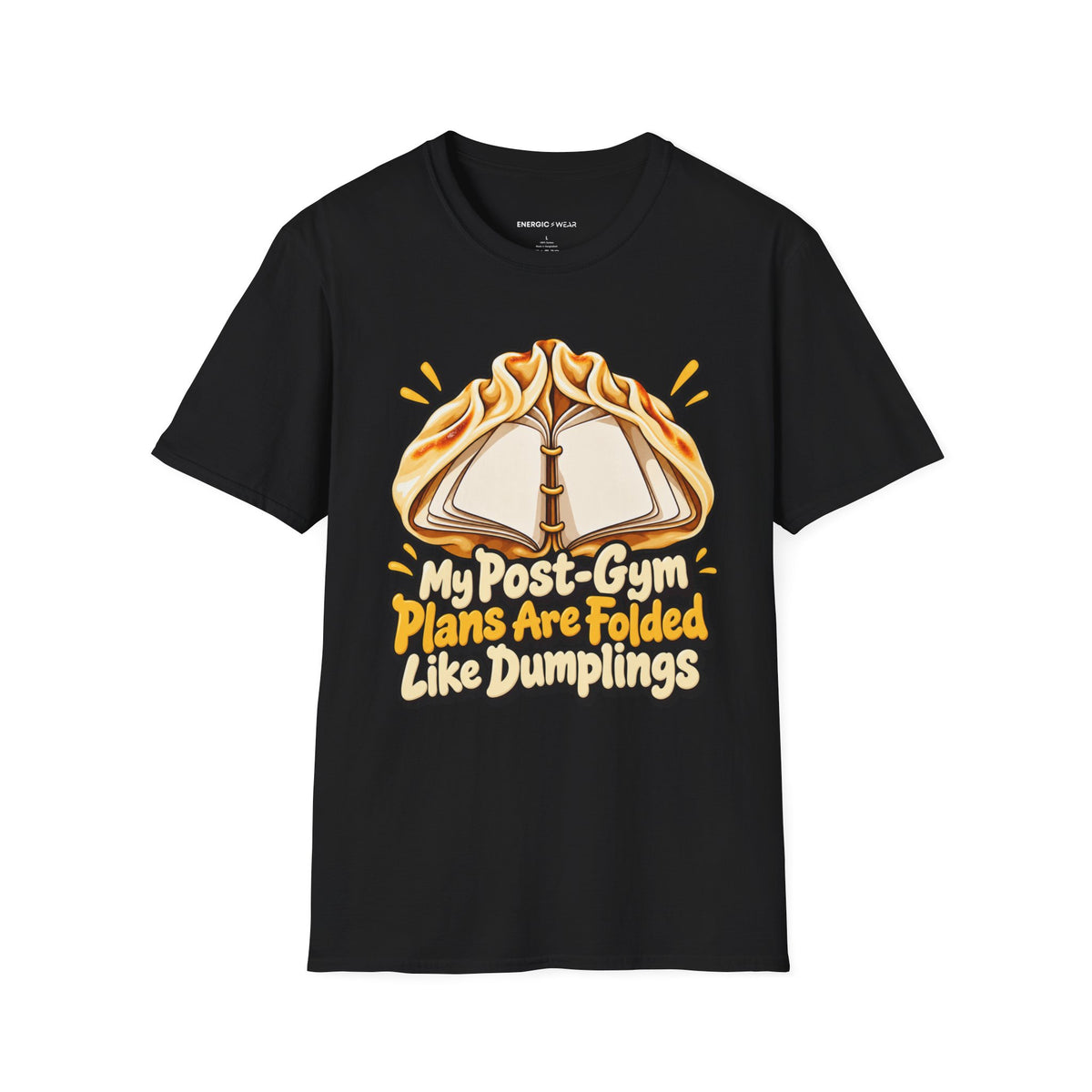 Graphic fitness T-shirt featuring the "My Post-Gym Plans Are Folded Like Dumplings" design.