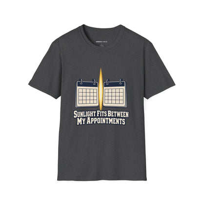 Graphic fitness T-shirt featuring the "Sunlight Fits Between My Appointments" design.