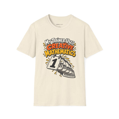 Graphic fitness T-shirt featuring the "My Trainer Uses Creative Mathematics" design.