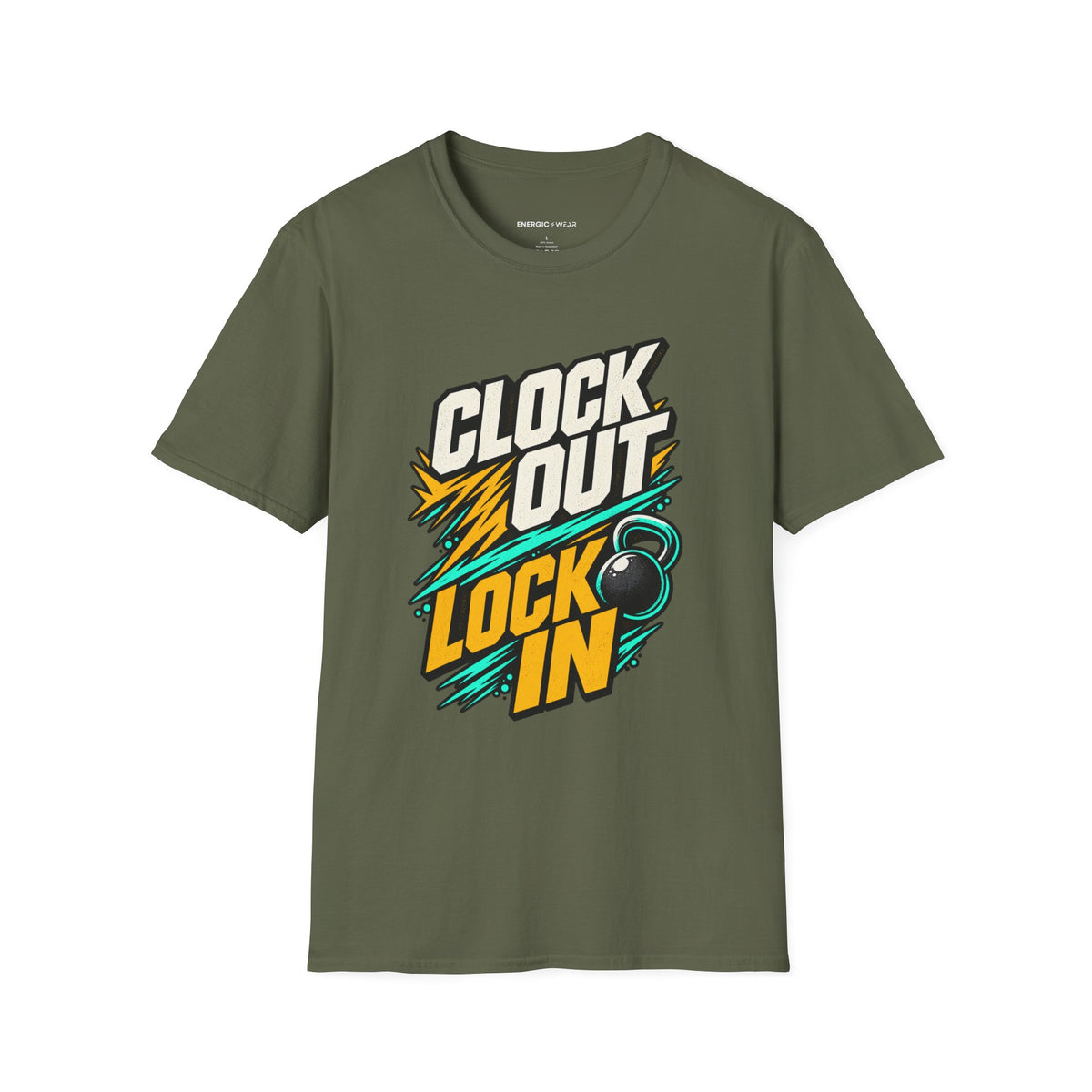 Graphic fitness T-shirt featuring the "Clock Out, Lock In" design.