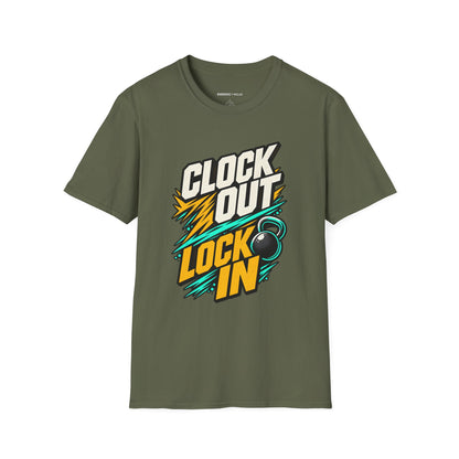 Graphic fitness T-shirt featuring the "Clock Out, Lock In" design.