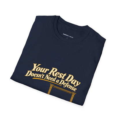 Graphic fitness T-shirt featuring the "Your Rest Day Doesn't Need a Defense" design.