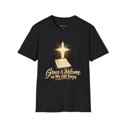 Graphic fitness T-shirt featuring the "Grace Is Welcome on My Off Days" design.