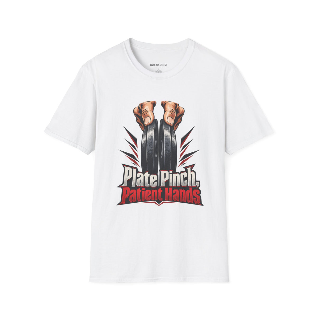 Graphic fitness T-shirt featuring the "Plate Pinch, Patient Hands" design.