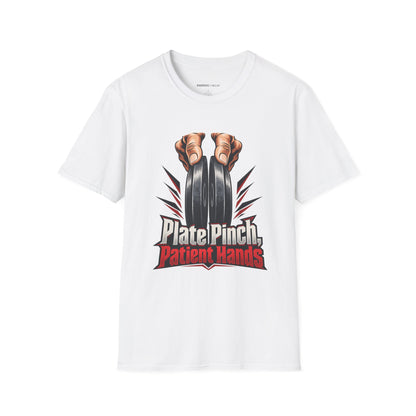 Graphic fitness T-shirt featuring the "Plate Pinch, Patient Hands" design.