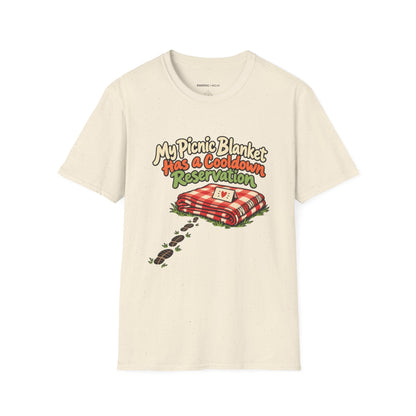 Graphic fitness T-shirt featuring the "My Picnic Blanket Has a Cooldown Reservation" design.