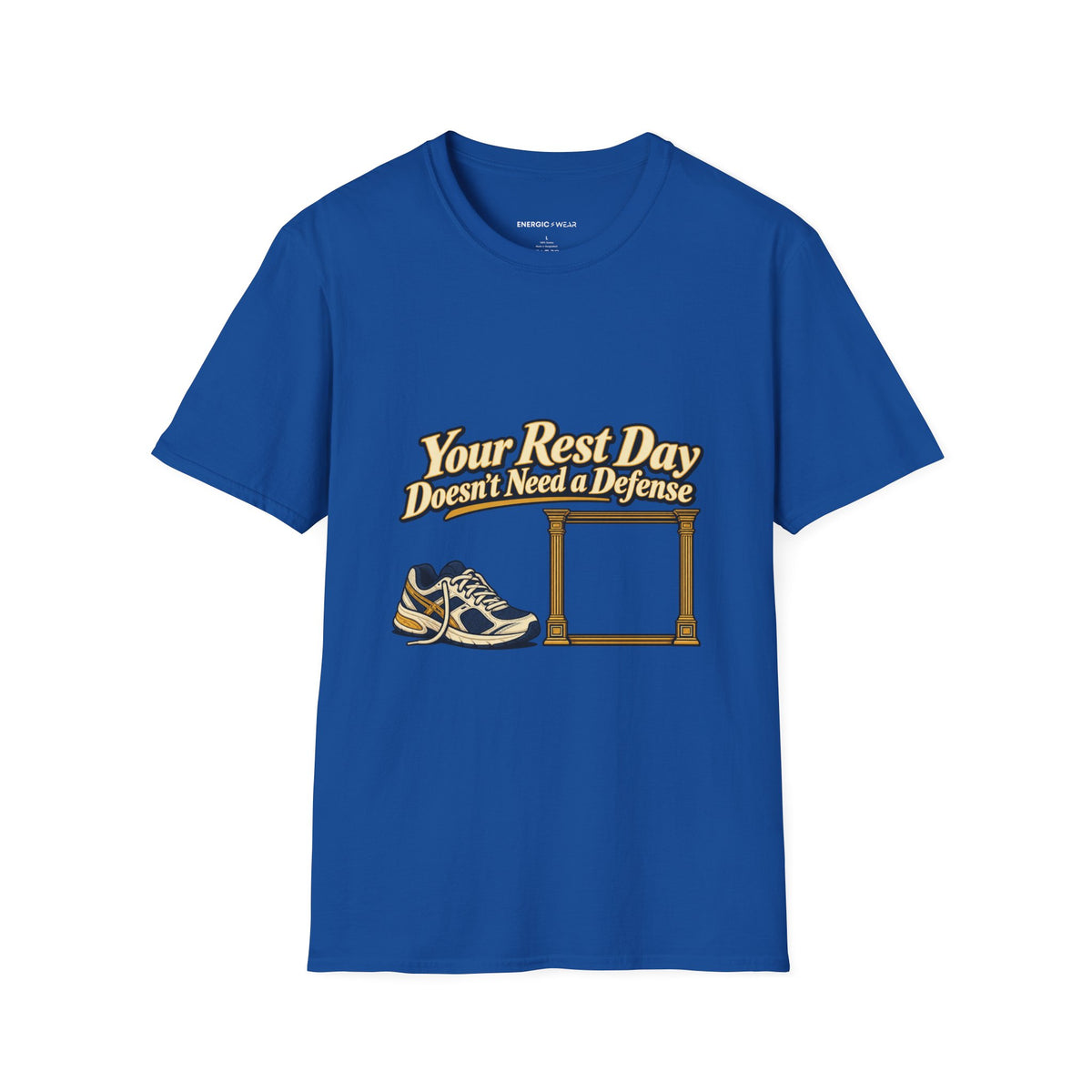 Graphic fitness T-shirt featuring the "Your Rest Day Doesn't Need a Defense" design.