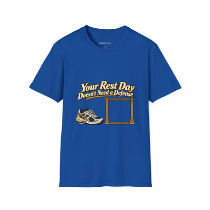 Graphic fitness T-shirt featuring the "Your Rest Day Doesn't Need a Defense" design.