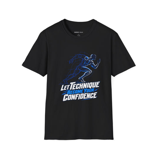 Graphic fitness T-shirt featuring the "Let Technique Become Your Confidence" design.