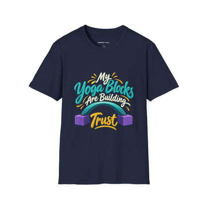 Graphic fitness T-shirt featuring the "My Yoga Blocks Are Building Trust" design.