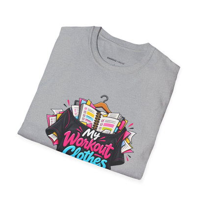 Graphic fitness T-shirt featuring the "My Workout Clothes Have More Plans Than I Do" design.