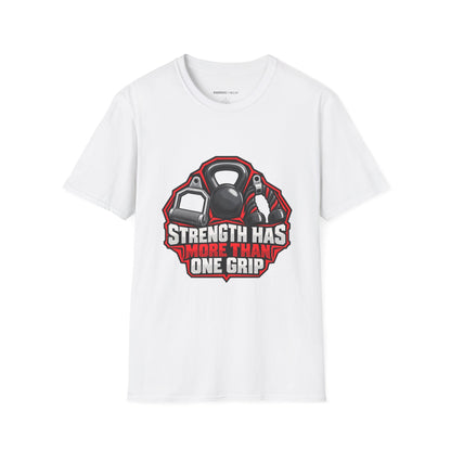 Graphic fitness T-shirt featuring the "Strength Has More Than One Grip" design.