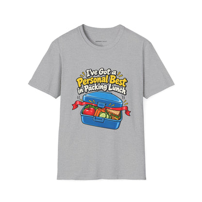 Graphic fitness T-shirt featuring the "I've Got a Personal Best in Packing Lunch" design.