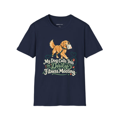 Graphic fitness T-shirt featuring the "My Dog Calls This the Daily Fitness Meeting" design.