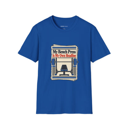 Graphic fitness T-shirt featuring the "My Bench Press Is My Own Headline" design.