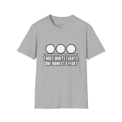 Graphic fitness T-shirt featuring the "Three White Lights One Honest Effort" design.