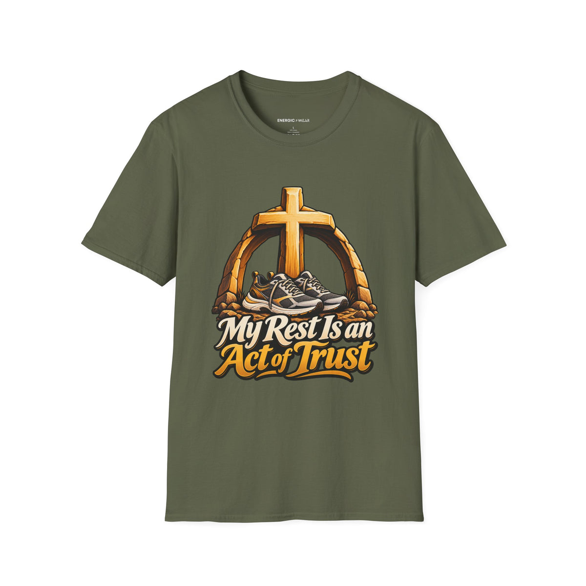 Graphic fitness T-shirt featuring the "My Rest Is an Act of Trust" design.