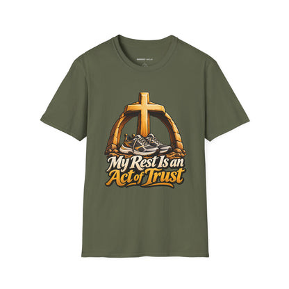 Graphic fitness T-shirt featuring the "My Rest Is an Act of Trust" design.