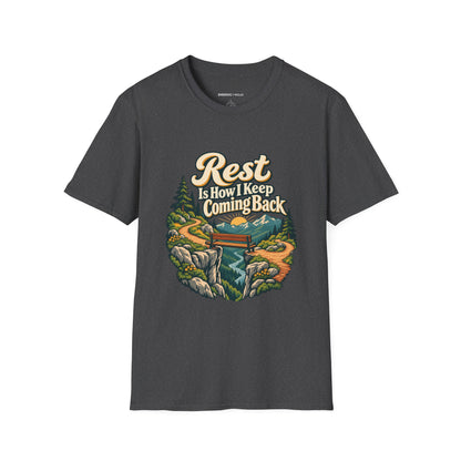 Graphic fitness T-shirt featuring the "Rest Is How I Keep Coming Back" design.